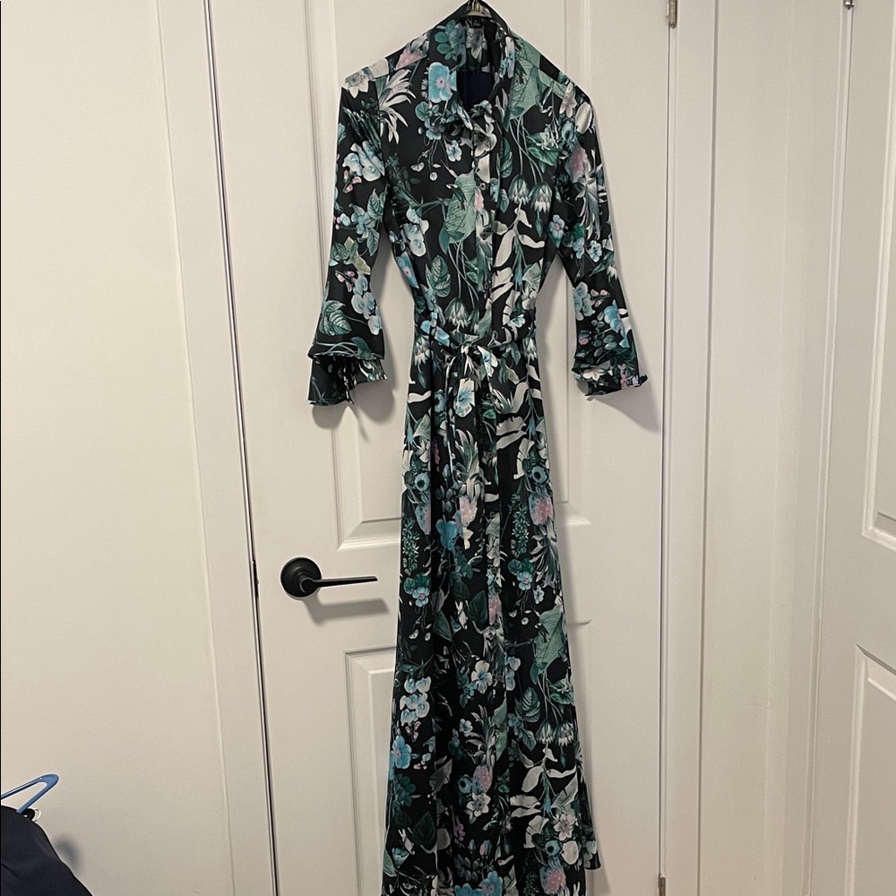 Floral Maxi Wrap Dress in Black and Teal